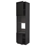 A tall, black METOD kitchen cabinet with three shelves, made from stained wood. It has two open doors, revealing adjustable shelves inside.