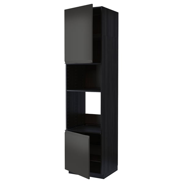 Black tall kitchen unit with two open dark grey doors, featuring shelves and a modern, sleek design.