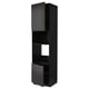 Black tall kitchen unit with two open dark grey doors, featuring shelves and a modern, sleek design.