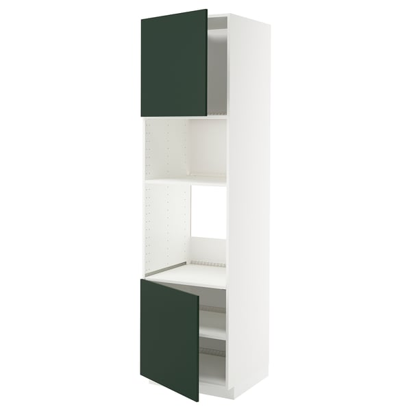 Tall white cabinet with green doors, adjustable shelves.