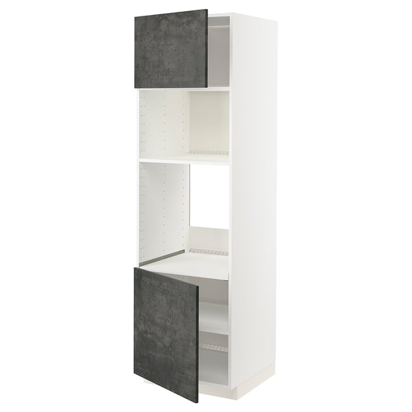 An ikea METOD kitchen cabinet in white with dark grey concrete effect doors. It open shelves and sturdy construction.