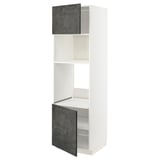 An ikea METOD kitchen cabinet in white with dark grey concrete effect doors. It open shelves and sturdy construction.