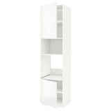A white METOD tall kitchen cabinet with adjustable shelves. It a modern, high-gloss design with various compartments for storage.