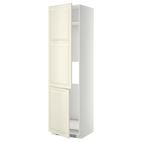 A METOD off-white kitchen cabinet with a traditional design and bevelled edges, featuring adjustable shelves and nickel-plated hinges.