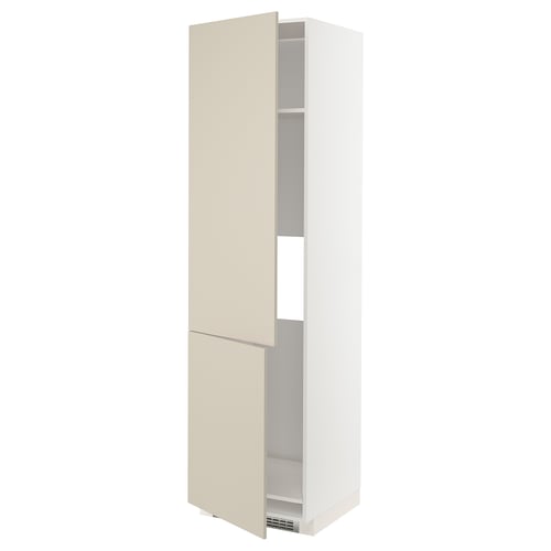 Depicts a white and beige METOD kitchen cabinet with two open doors, showcasing its shelving inside.