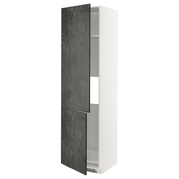 A tall, white kitchen cabinet with dark grey concrete effect doors. It has three shelves inside.