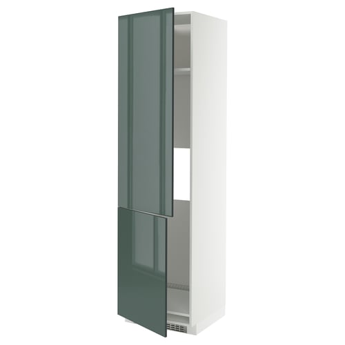 Modern tall kitchen cabinet with high-gloss grey-green doors, featuring sleek design and adjustable shelves.