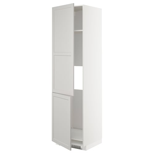 White METOD kitchen cabinet with light grey doors, tall, rectangular, classic design.