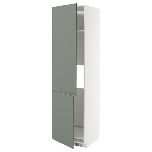 Modular kitchen cabinet with grey-green door, adjustable shelves, snap-on hinges.