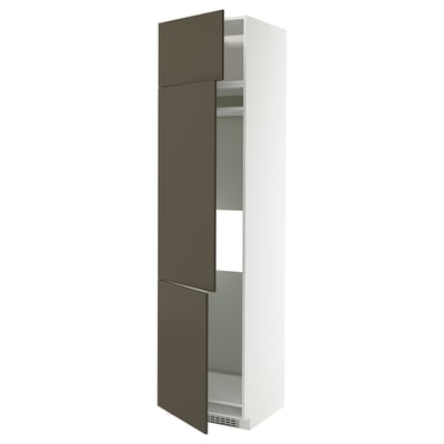 Modern tall cabinet with dark brown doors, white frame, and adjustable shelves.