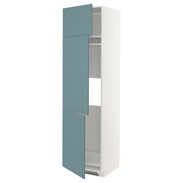 Turquoise high cabinet, white frame, modern smooth design with adjustable shelves.