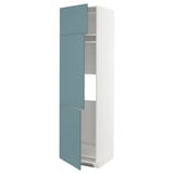 Turquoise high cabinet, white frame, modern smooth design with adjustable shelves.