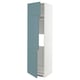 Turquoise high cabinet, white frame, modern smooth design with adjustable shelves.