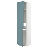 Displays a tall white kitchen cabinet with turquoise doors, featuring modern design and adjustable shelves.