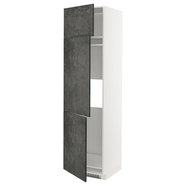 METOD tall kitchen cabinet in white with gray concrete doors.