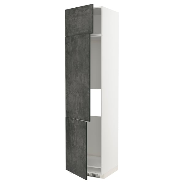 A tall white METOD kitchen cabinet with dark grey concrete effect doors, featuring adjusted shelves and a modern urban design.