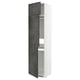 Modern kitchen cabinet in dark grey with open door, white frame.