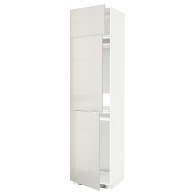 White METOD kitchen cabinet with high gloss finish, tall and slim, featuring multiple shelves and adjustable hinges.
