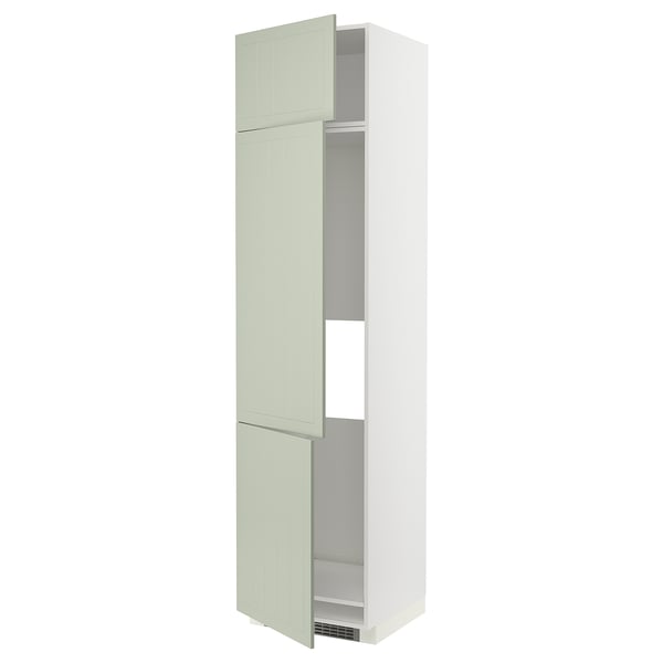 A tall green METOD kitchen cabinet with adjustable shelves and a door that can open from either side.