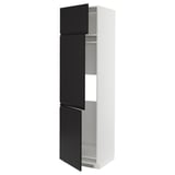 Modern black and white kitchen cabinet with sleek, matte black doors featuring integrated handles, and a white frame.
