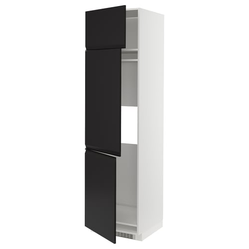 Modern black and white kitchen cabinet with sleek, matte black doors featuring integrated handles, and a white frame.