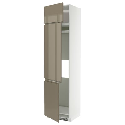 Tall kitchen cabinet with high gloss dark grey-brown doors.