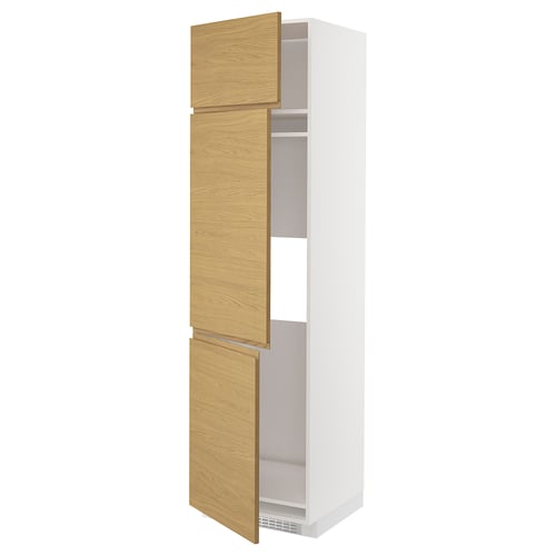 Wooden & white kitchen cabinet with two doors and shelves.