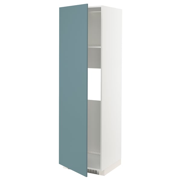 Turquoise METOD kitchen cabinet, sleek modern design, white frame, open door revealing shelves.