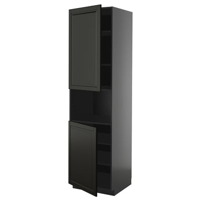Black kitchen cabinet with bead doors, tall rectangular shape, sleek modern design.