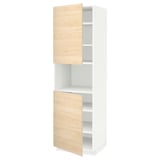 A white METOD kitchen cabinet with light ash wood doors, vertically aligned with two adjustable shelves.
