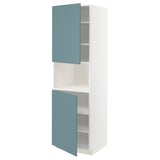 A white METOD kitchen cabinet with blue havstorp doors. It has a modern, sleek design with two adjustable shelves and blue fiberboard doors.