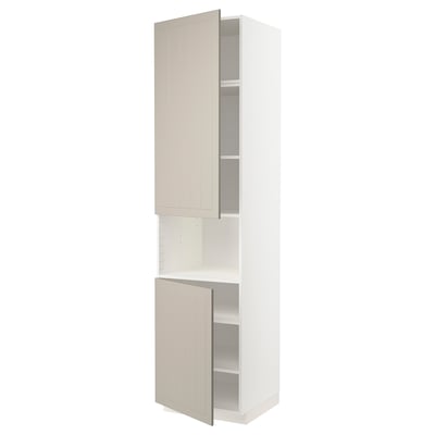 METOD kitchen cabinet - beige, tall, three sections, two doors open.