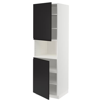 A white and black METOD kitchen cabinet with open doors. It a modern, minimalist design with matte black doors and adjustable shelves.