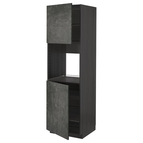 Black METOD kitchen unit with grey concrete doors, adjustable shelves, and modern design.