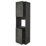 METOD kitchen unit in dark grey concrete, tall with open compartments and shelves.