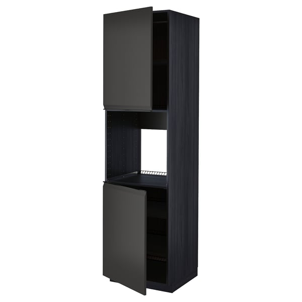 Black tall kitchen cabinet with adjustable shelf, matte black doors, modern design.
