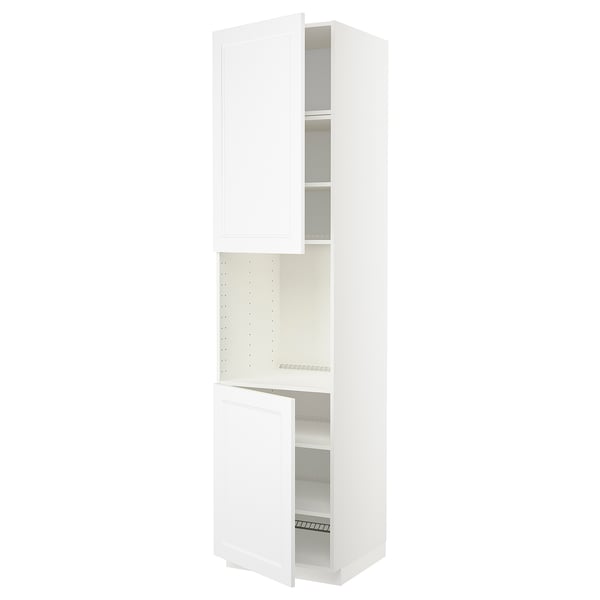 White METOD kitchen cabinet. Tall, rectangular, with open sections, adjustable shelves.