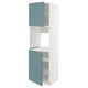 Turquoise METOD kitchen cabinet with open doors and three shelves.