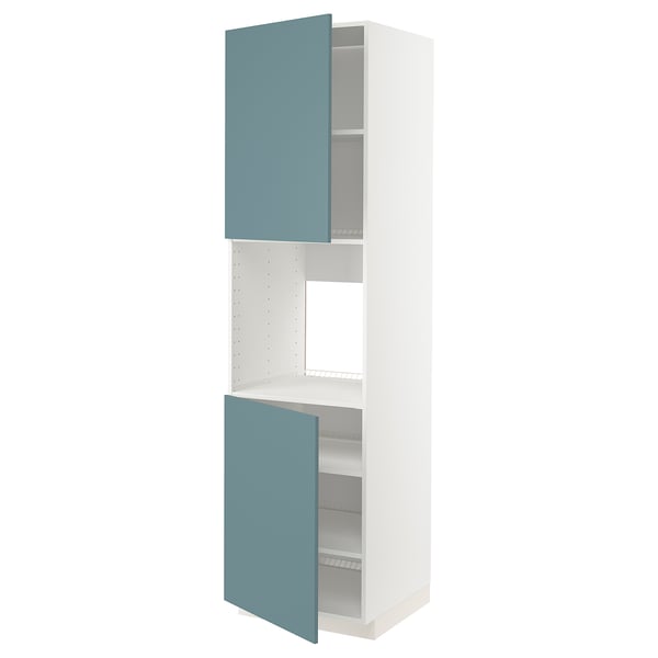 METOD kitchen unit in turquoise with white shelves.