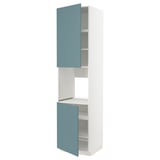This image shows a white and turquoise kitchen cabinet from the METOD system. It open and closed turquoise doors and three shelves.