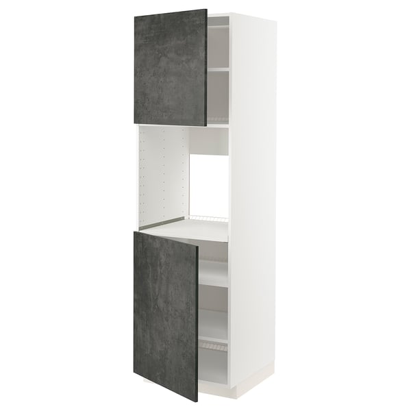 A white METOD kitchen cabinet with dark grey concrete effect doors, featuring adjustable shelves and a modern design.