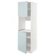 A white ikea METOD kitchen cabinet with high-gloss grey-blue kallarp doors, open to reveal inner shelves.