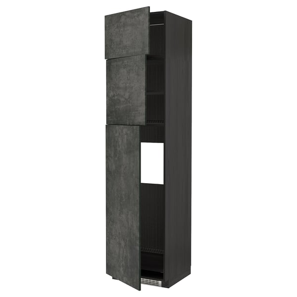 Dark gray kitchen cabinet with three doors, two adjustable shelves, sleek design.