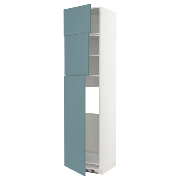 Turquoise METOD kitchen cabinet with white frame, adjustable shelves.