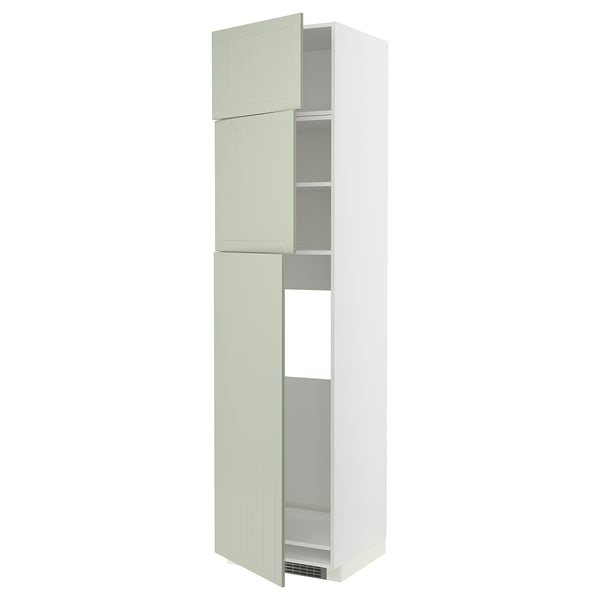 Vertical green kitchen cabinet with 3 adjustable shelves and hinges.