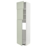 Vertical green kitchen cabinet with 3 adjustable shelves and hinges.
