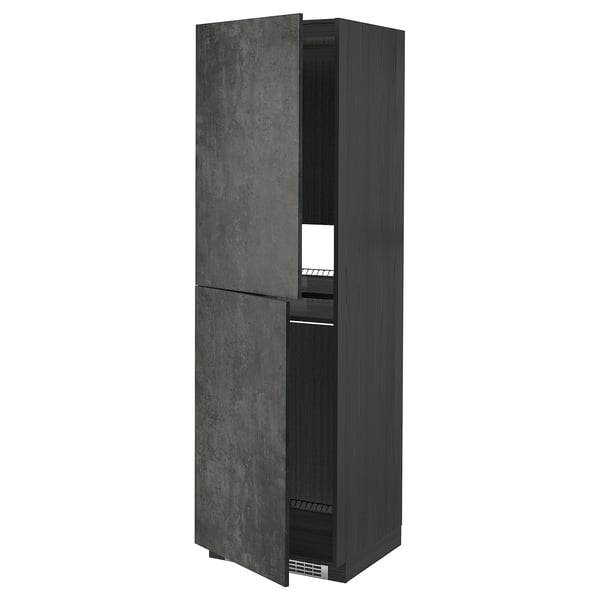 Black cabinet with dark grey door, concrete effect, two adjustable shelves, square shape.