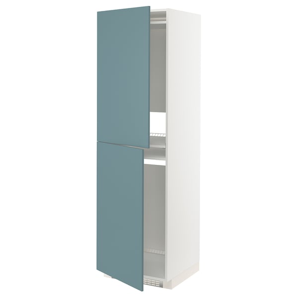 Modern kitchen cabinet, tall white and turquoise, sleek design, adjustable shelves.