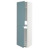 Turquoise METOD cabinet, slim, white frame, modern design, three open shelves.