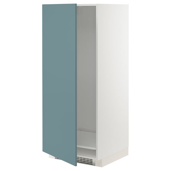 Tall slim METOD cabinet, turquoise door, white, fridge/oven housing, adjustable shelves.